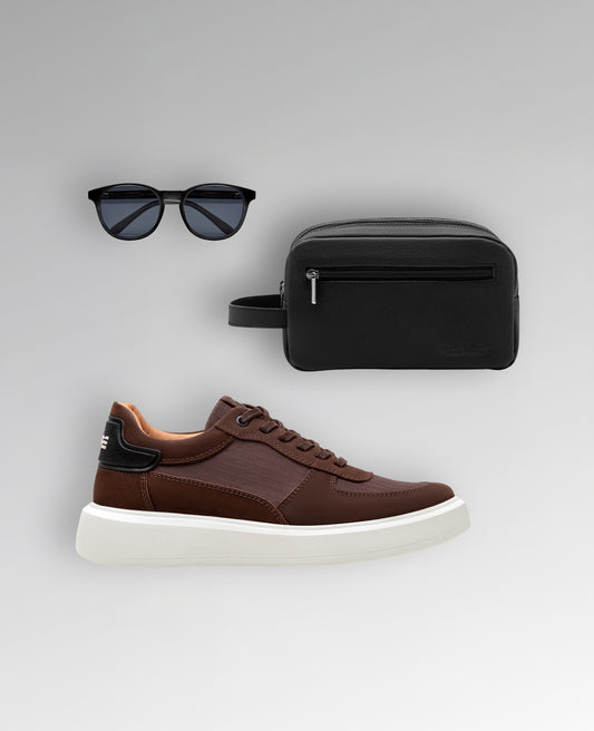 Kit Essential Reise – Tênis Carrera Marrom + Necessaire Stuttgart + Óculos Silverstone