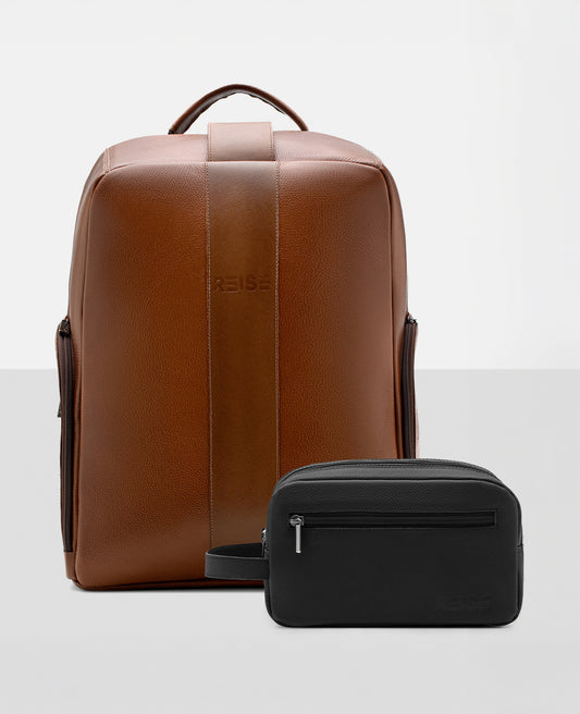 Kit em Movimento Reise – Mochila Marrom e Necessaire Stuttgart em Couro Premium